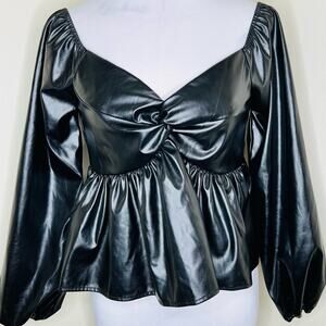 Day + Moon Faux Leather Top Medium Black Babydoll Flounce Peplum Twist V-Neck